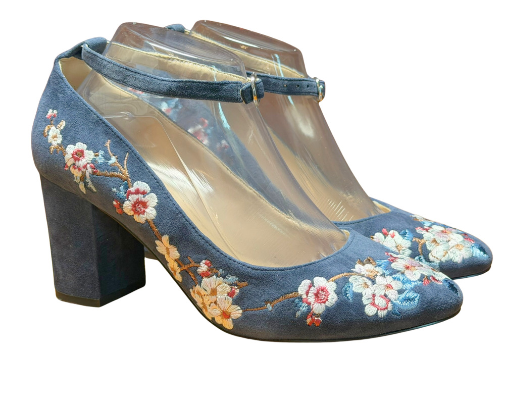 WHBM Sz 8 Bethany Ankle Strap Pumps 3" Block Heel Blue Suede Floral Embroidery